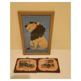 Needlepoint Lion Pic & 2 Decoupage Antique Car Needlepoint Lion Pic & 2 Decoupage Antique Car