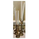 5 VTG Gold Tone Brass Candle Holders With Candles 5 VTG Gold Tone Brass Candle Holders With Candles