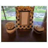Vintage Porcelain Floral Trinket Boxes & Frame