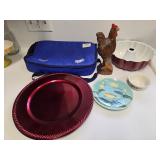 Red Chargers, Wooden Rooster, Bundt Pan & More