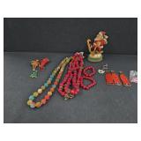 (3) Brooches, Beaded Garland, Wooden Ski Santa &