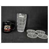 NWT Lead Crystal Vase, (4) Glass Coasters &