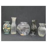 (3) Vases, Carafe & Fish Bowl
