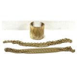 Textured Gold Tone Cuff & 2 Gold Tone Necklaces