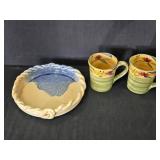 Ceramic Pie Plate & (2) Pier One Mugs