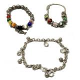 3 Silver Tone Charm/ Beaded Bracelets