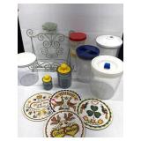 Plastic Containers, Metal Rack & Decor