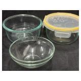 2 Pyrex Glass Bowls & 1 Glass Bowl