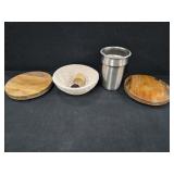 (2) Wooden Trivets, Honeycomb Wicker Bowl &
