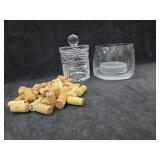 Heavy Glass Cookie Jar, Candle Holder (?) & Corks