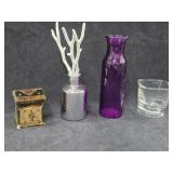 Purple Vase, Silver Tone Vase w/Glass Branches &