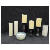 (3) Candles w/Holders, (2) Flameless Candle, Tall