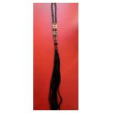 Black Beaded Necklace w/Long Leather Tassel