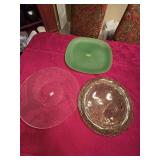(1) 14' Green Glass Plate & (2) Plastic Platters