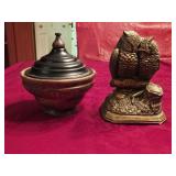 Lidded Wooden Bowl & 2 Metal Owls