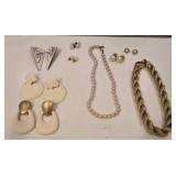 Gold Fabric Necklace, Faux Pearl Necklace & (7)