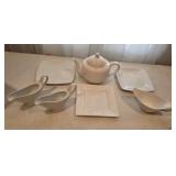 Ceramic Tea Pot, (3) Square Small Plates & (3)