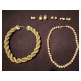 Faux Necklace Pearls & Earrings, Gold Tone