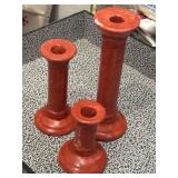 (3) Red Ceramic Candlesticks Hand Painted