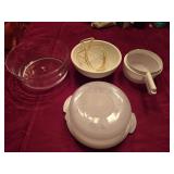 (2) Large Plastic Bowls, Cake Carrier, Colander