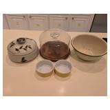 Antique Metal Bowl, Covered Stoneware Dish, Cake