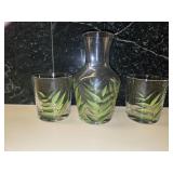 Hand Painted Fern Carafe & (2) Cups