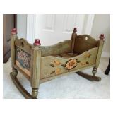 VIntage, Hand-painted Wooden Doll Rocking Cradle