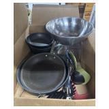 Box Filled with Kitchen Items ( Pans, Pots