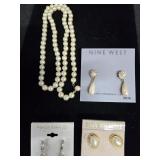 Faux Pearl Necklace & (3) New Prs of Earrings