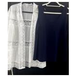 Sz M White and Blue Lace Trim Kimono Cardigan &