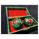 Vintage Green Enameled Baoding Balls in Box