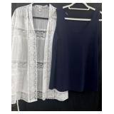 Sz M White and Blue Lace Trim Kimono Cardigan &