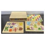 Wooden Storage Box and Four Different Puzzles