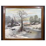 27" x 23" VTG Framed Oil Painting Snow Winter
