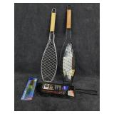 (2) Grilling Fish Baskets, Veggie Basket & Knife