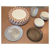 (6) Red Checkered Dinner Plates, (8) Clear