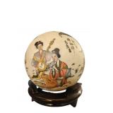 Japanese Satsuma Ceramic Sphere on Wooden Base 7"