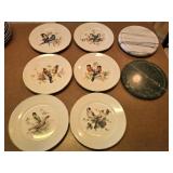 (6) Porcelain Bird Plates & (2) Marble Trivets