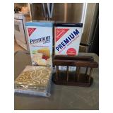 (2) Cracker Tins, Wooden Napkin Holder & (2) NIP