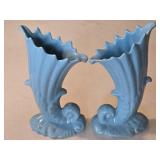 1940s-50s Turquoise Ceramic Cornucopia Vase
