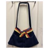 Denim Skirt Shoulder Bag Features a Red and