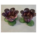 (2) Hand-blown Art Glass Tulip Candle Holders in