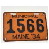 1934 Maine municipal license plate featuring a