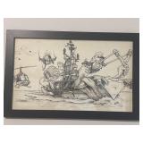 Framed Ink Drawing Anthropomorphic Aircraft