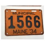 1934 Maine municipal license plate featuring a