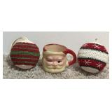 (2) Crochet Ornaments & (1) Plastic Santa Claus