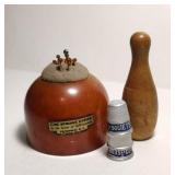 Wooden Pincushion, Bowling Pin Needle Holder &