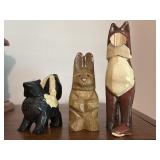 (3) Hand Carved Wooden Animal Figurines