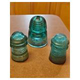(3) Green Glass Electrical Insulators 1 is Broken