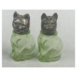 ANTIQUE CAT & DOG GREEN DEPRESSION GLASS SALT &